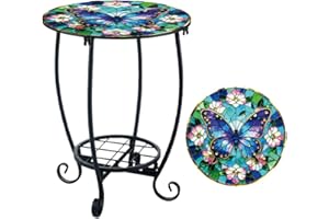 Doodlream Outdoor Metal Side Table 34cm(W) x43cm(H) Small Round Patio Table Printed with Butterfly Pattern for Balcony,Terrac