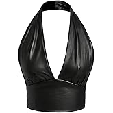 SHENHE Women's Y2k Faux Leather Halter Crop Top Backless Low Cut Deep V Sexy Rave Clubwear