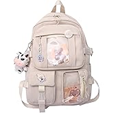 Eagerrich Cute Backpack with Cute Pin Accessories Plush Pendant for School Bag Student Girl Backpack Super-Capacity Waterproof Travel Backpack(Beige)