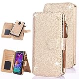 Galaxy Note 4 Case, Note 4 Case, CaseUp 12 Card Slot - [Zipper Cash Storage] Premium Flip PU Leather Wallet Case Cover With Detachable Magnetic Hard Case For Samsung Galaxy Note 4 - Glitter Gold