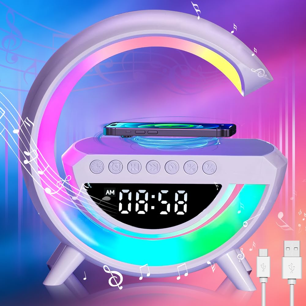 Wireless Speaker Charger, G Shaped LED Wireless Table Speaker Atmosphere Night Light with 15W Wireless Charger Led Alarm Clock Dimmable Ambient Light LED Wireless Charging Speaker for Office Bedroom