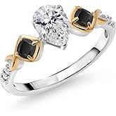 Gem Stone King 925 Silver and 10K Yellow Gold Lab Grown Diamond and Black Onyx Engagement Ring For Women | 1.26 Cttw | Pear Shape 7X5MM | Gemstone April Birthstone