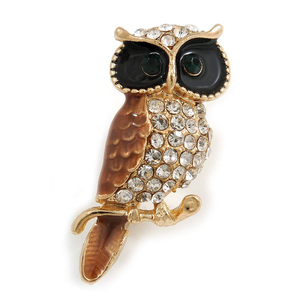 Small Crystal Enamel Brooch In Gold Tone Metal (Brown/Black) - 35mm Long