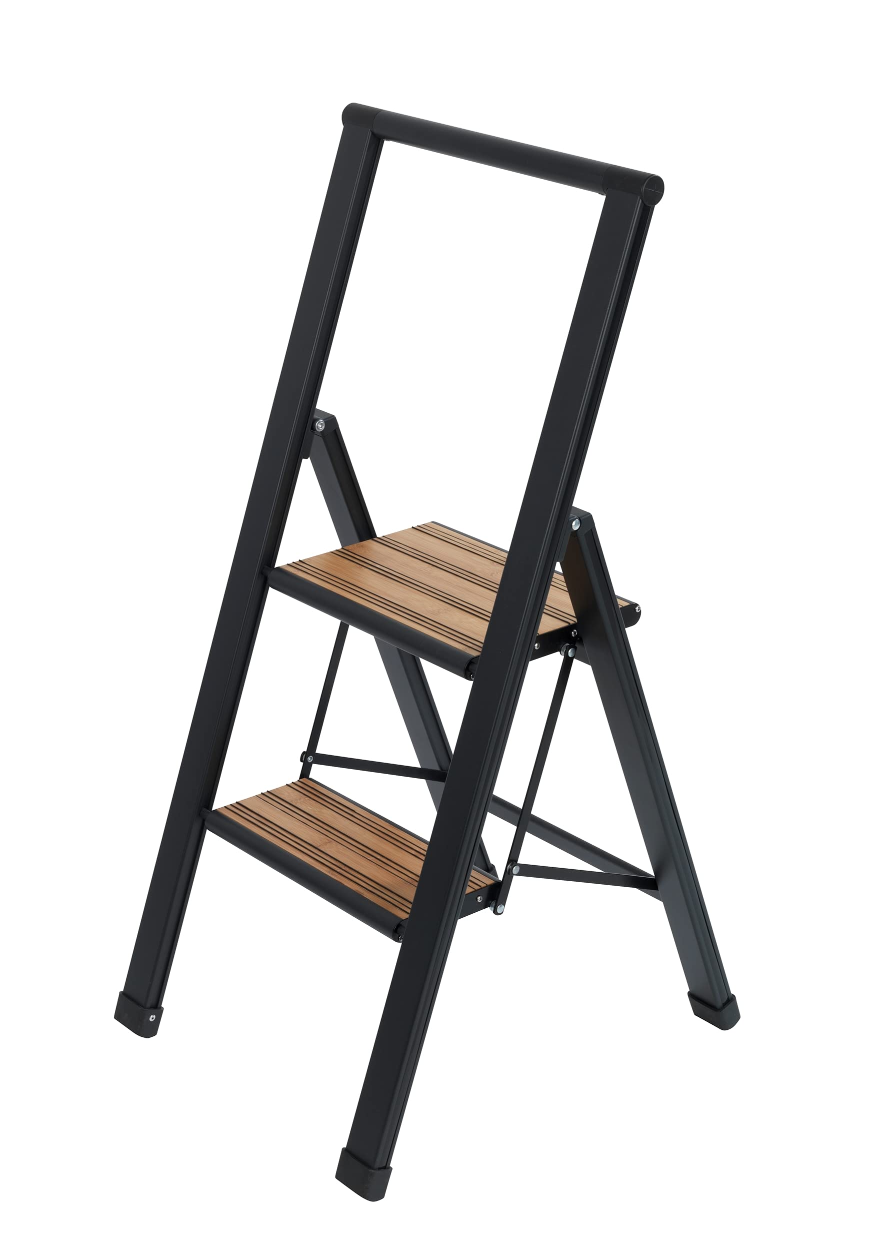 WENKO 2 Step Ladder, Aluminum Folding Step Stool with Wide Brown Anti Slip Steps, Heavy Duty Step Stool, Hold up to 330lbs, Lightweight Indoor Outdoor Ladder, 17.3 x 39.8 x 2.2 in, Black Image