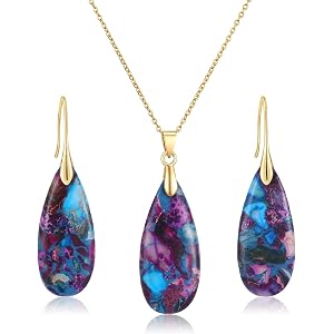 Kingdder Natural Stone Jewelry Set for Women Imperial Healing Stone Necklace Colorful Teardrop Dangle Earings Boho Jewelry