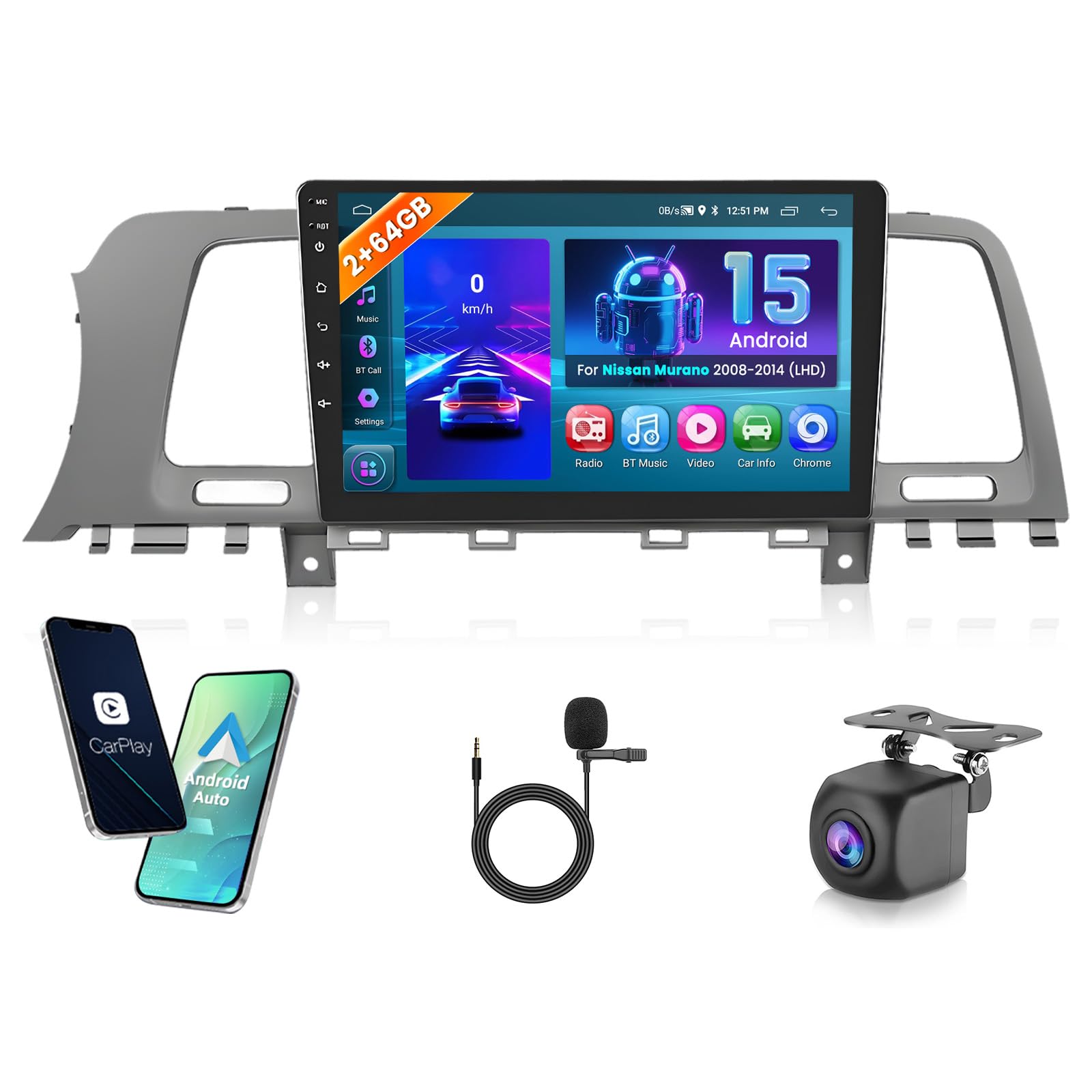 Photo 1 of 2+64GB Hikity Android Car Stereo for Nissan Murano 2008-2014 (LHD), 9 Inch Touchscreen Car Radio Wireless Carplay Android Auto Support GPS Navigation WiFi Bluetooth FM EQ Backup Camera