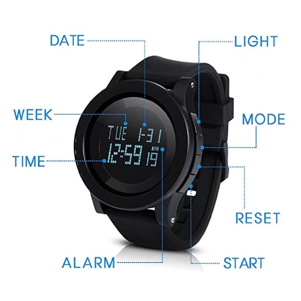 Digital Sport Watch Large Face LED Simple Military Electronic Wristwatch for Running with Back Light and Calendar Waterproof for Men Women - Black