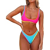 SherryDC Women's Sexy Scoop Neck Bikini Sets Color Block High Cut Thong Brazilian Two Pieces Swimsuit Bathing Suit