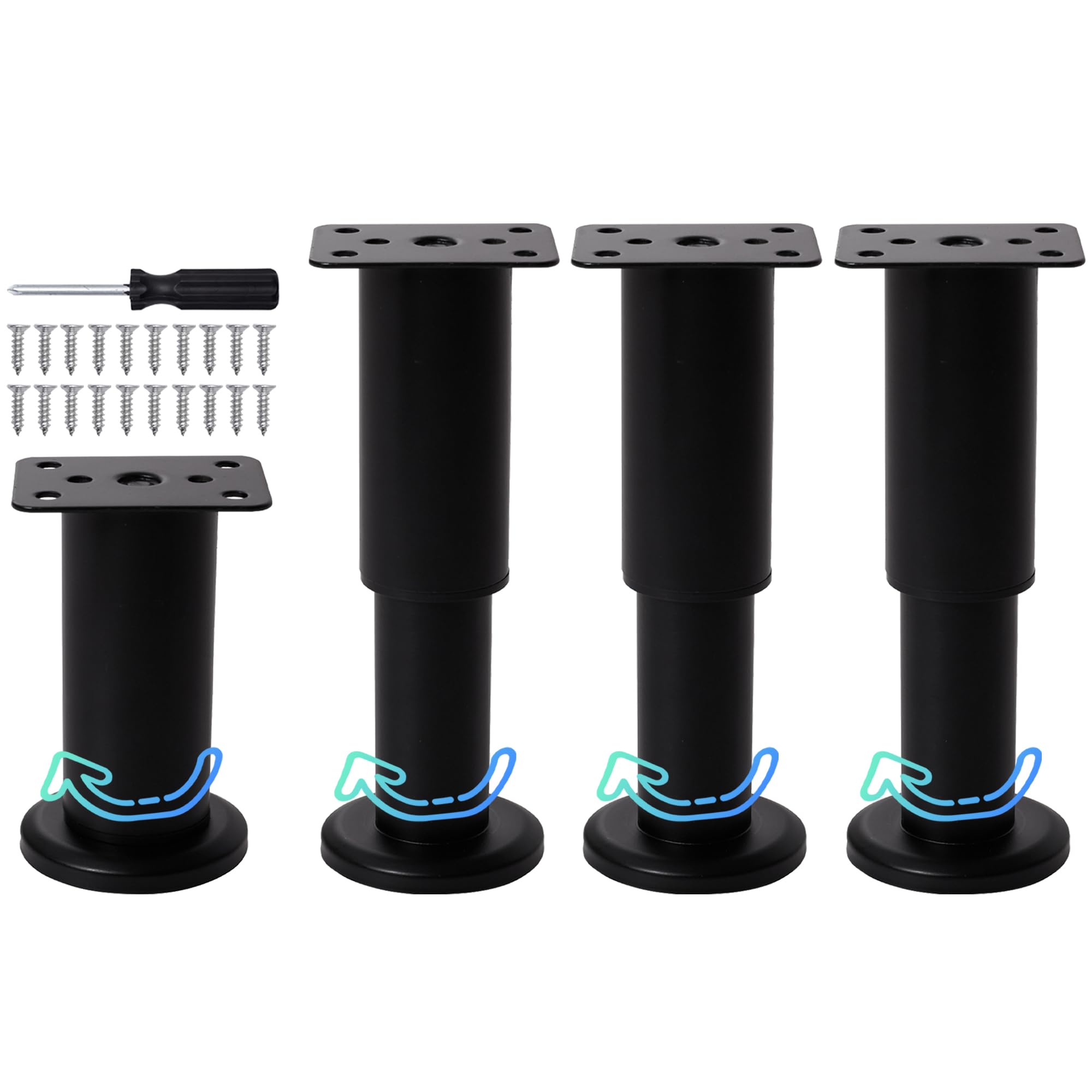 INMOZATA 4x Furniture Legs, 12-18cm Height Adjustable Legs with Screwdriver &20 Screws, Metal Sofa Legs Bed Legs Cabinet Legs, for Table Desk Chair Replacement Furniture Feet, Black