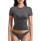 YEOREO Women Fitted Workout Tops Short Sleeve Double Lined Basic Y2K Going Out Crew Neck Compression Crop Top