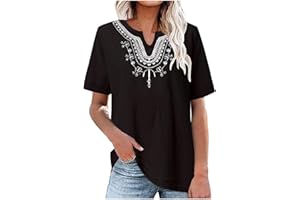 YARDSONG Linen Shirts for Women Trendy Embroidery Notch V Neck Summer Tops Short Sleeve Dressy Casual Loose Fit Blouses
