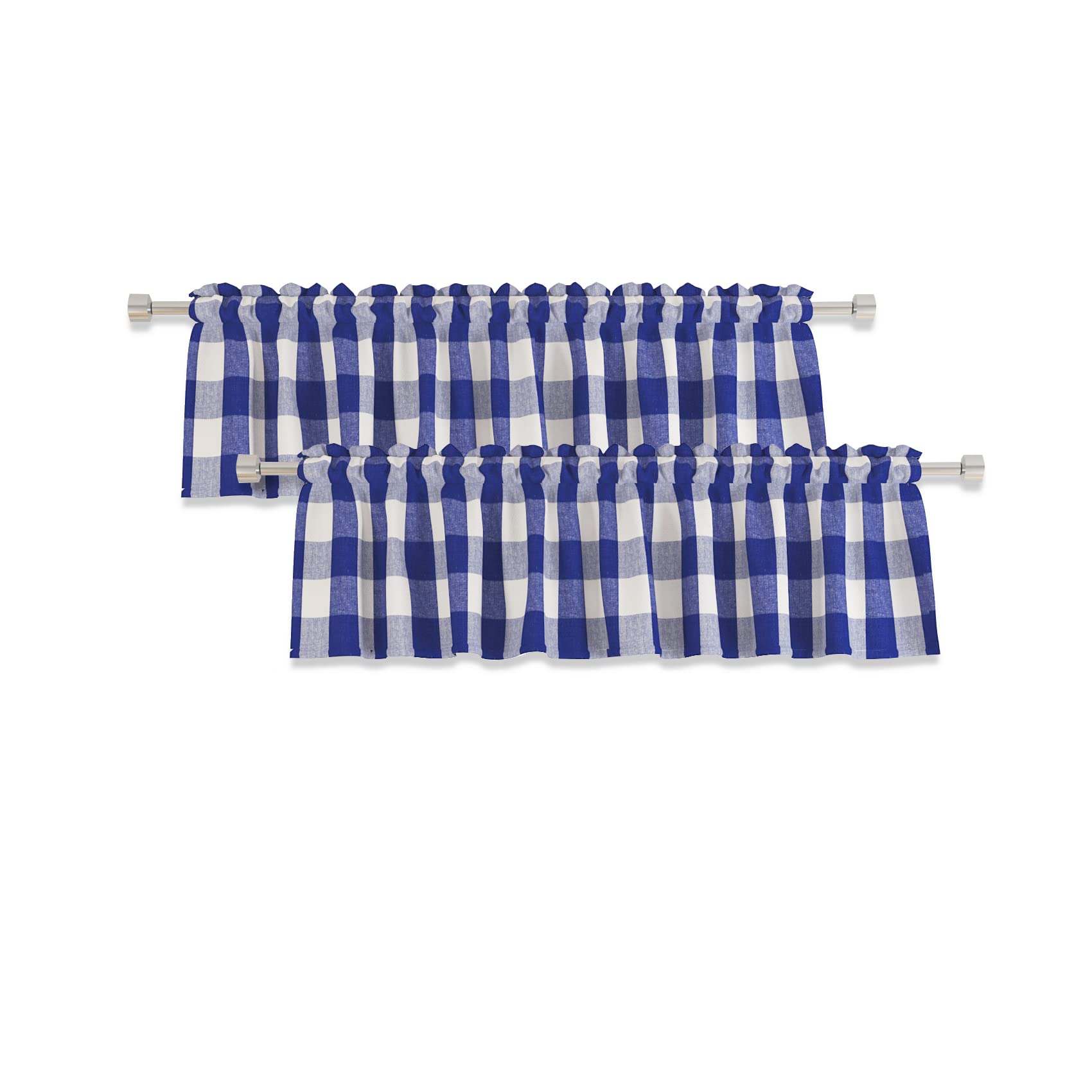 Photo 1 of 2 Pack Buffalo Check Valances for Windows Living Room 18 inches Long Classic Gingham Plaid Bedroom Bathroom Rod Pocket Country Farmhouse Kitchen Window Curtain Valances - 54"x18" Navy Blue & White