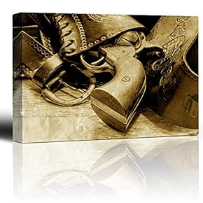 Pistol and Leather gunbelt - Revolver in Holster on Wood Grain Table - Monochrome Western Illustrated Image - Canvas Art Home Art - 12x18 inches