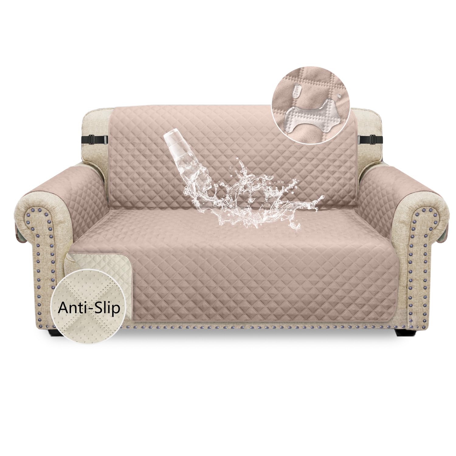 Granbest Waterproof Sofa Cover 2 Seater Non-Slip Loveseat Cover with Elastic Straps, Washable Sofa Protector for Kids, Pets, Dogs, Cats Four Seasons Universal (2 Seater, Light Pink)