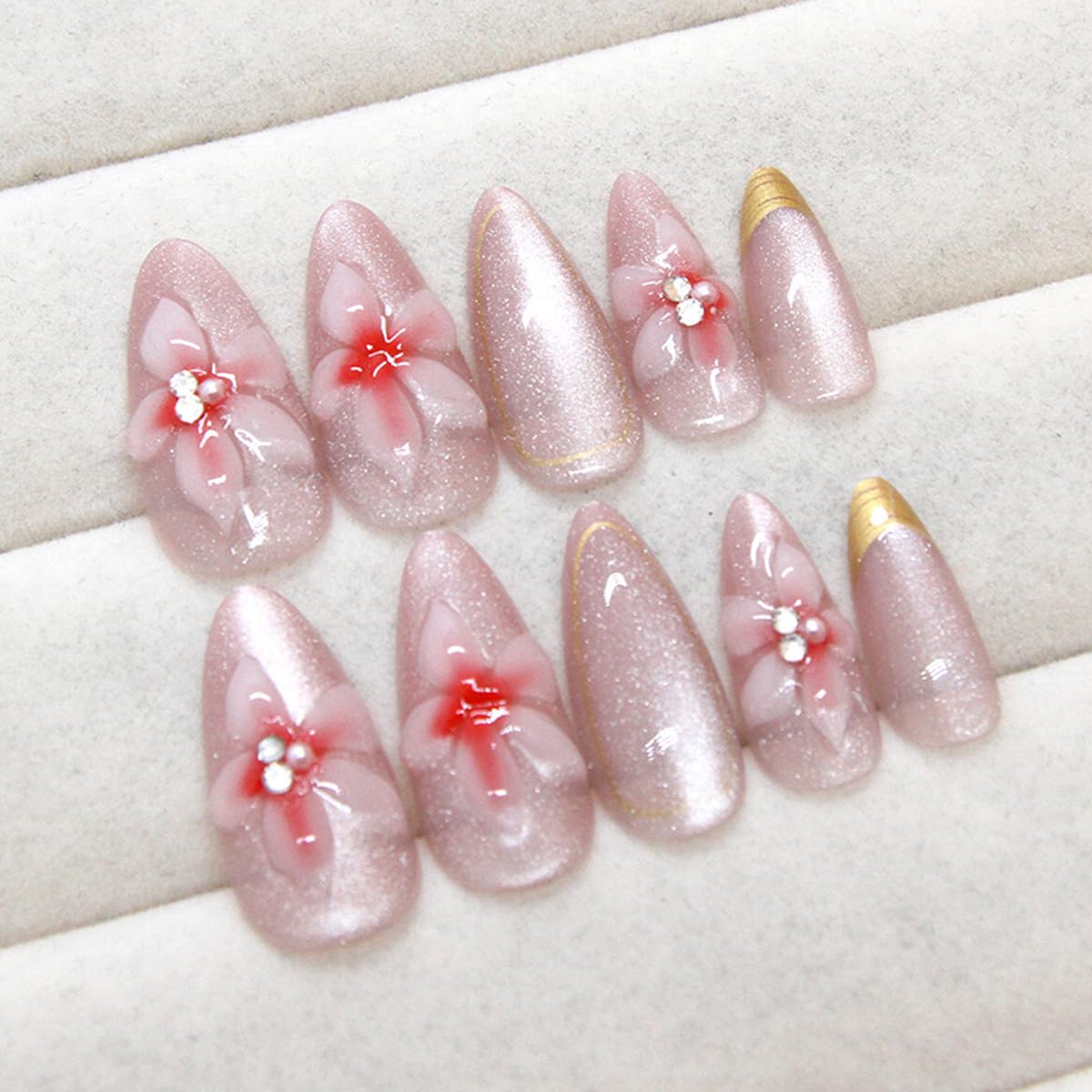 24Pcs Gold French Tip Press on Nails Medium Almond Fake Nails Luxury 3D Flower False Nails with Rhinestones Designs Elegant Sparkly Acrylic Nails Full Cover Flowers Glue on Nails for Women Girls - Image 4