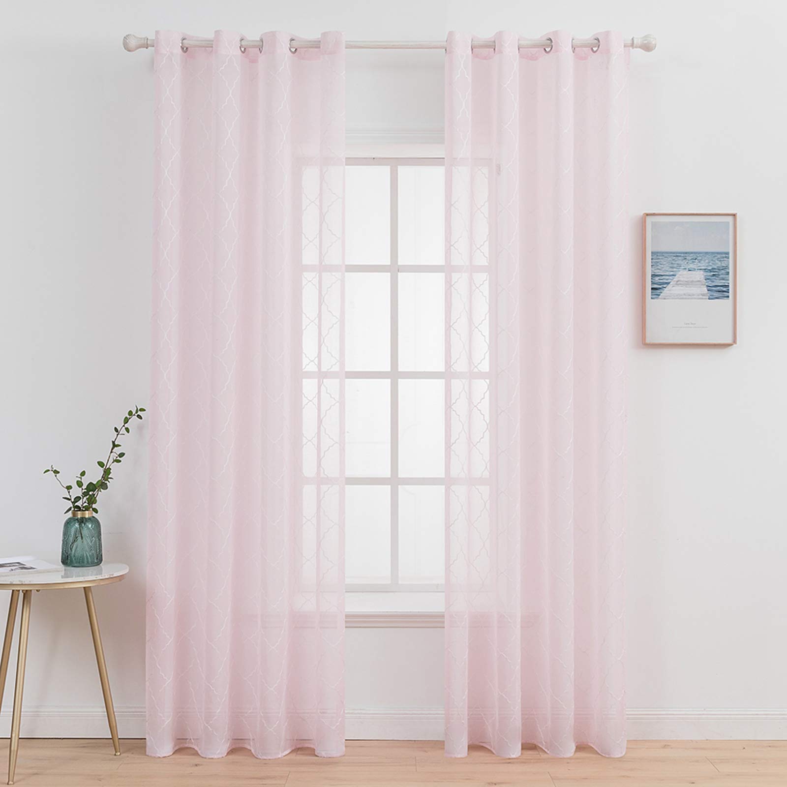 MIULEE Sheer Curtains Voile Moroccan Style Translucent Embroidered Sheer Window Curtains Draperies for Bedroom Eyelet Top Voile Polyester Decor for Living Room Nursery 2 Panels 55"Wx102"L Morocco Pink