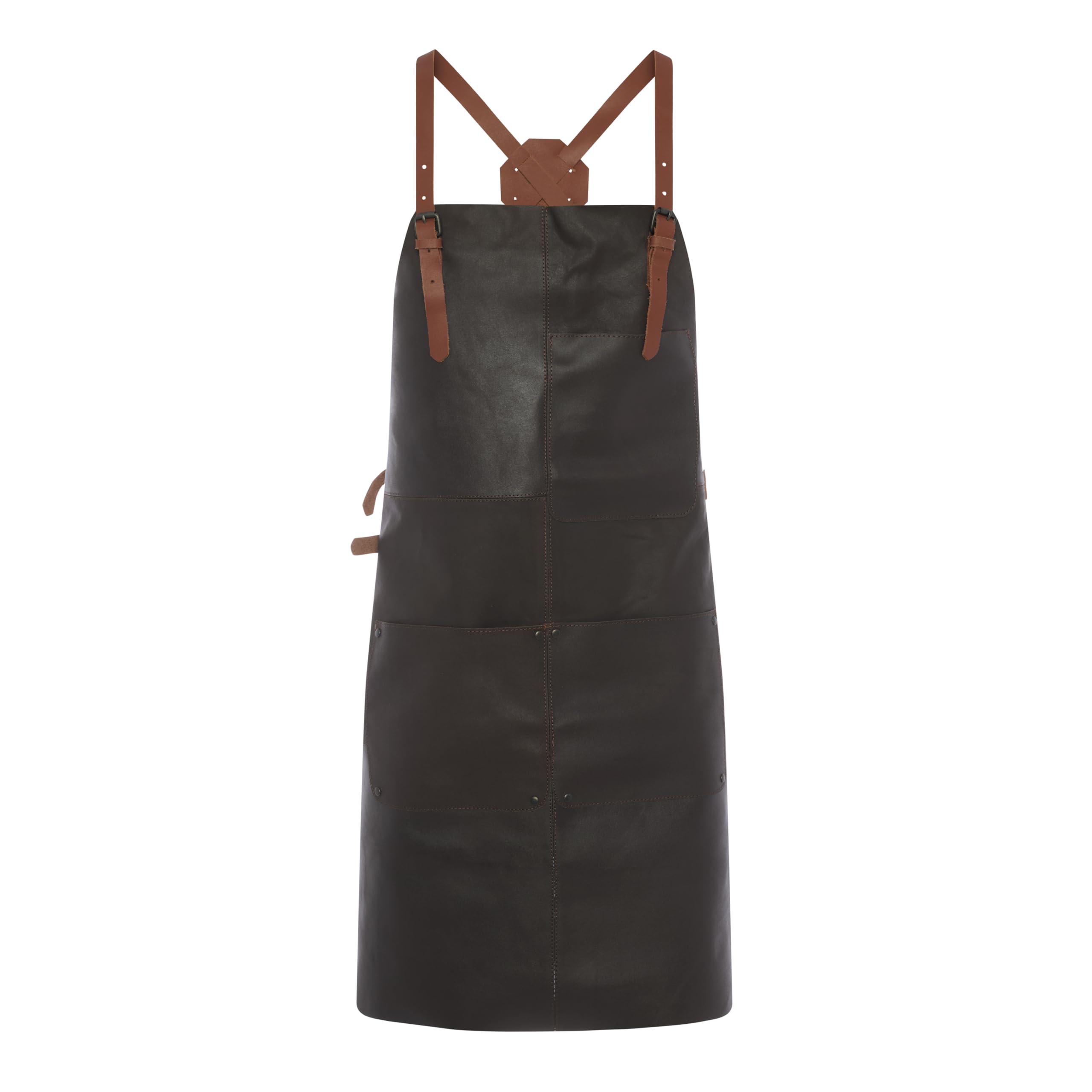 Theodore Leather Apron - 32.5" x 22.5" Adjustable Crossback with Leather Straps - Durable Work Apron with 3 Large Pockets for Grilling, Barbecue, Woodworking