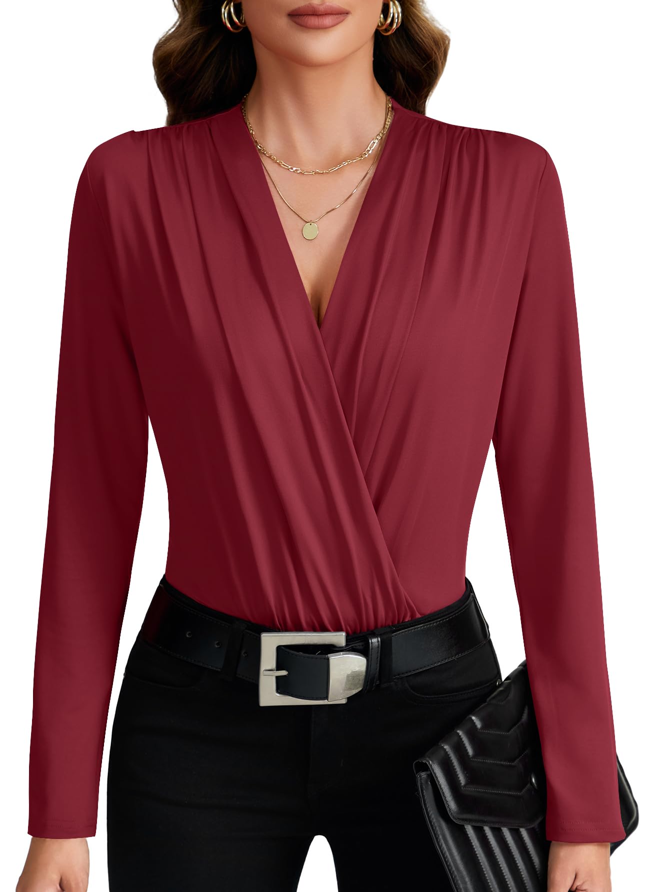 LYANER Women's Wraped V Neck Ruched Long Sleeve Leotard Bodysuit Top ...