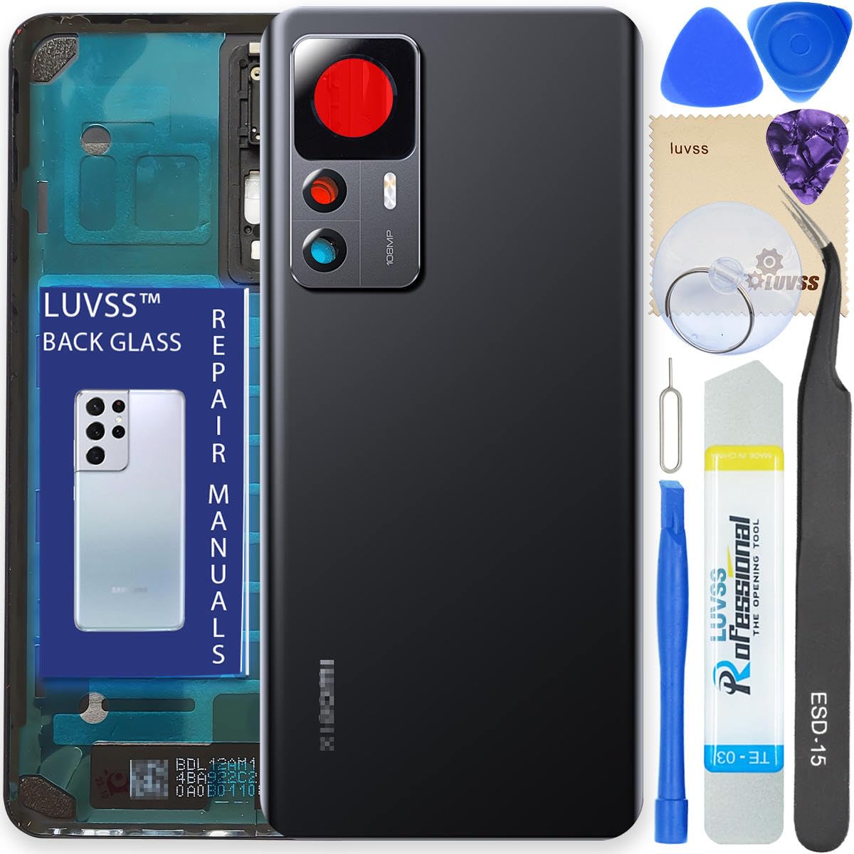 LUVSS Back Glass Cover Replacement Compitable for Xiaomi 12T 5G Rear Cover + Camera Lens + Repair Manual DIY Tools Kit (Black)
