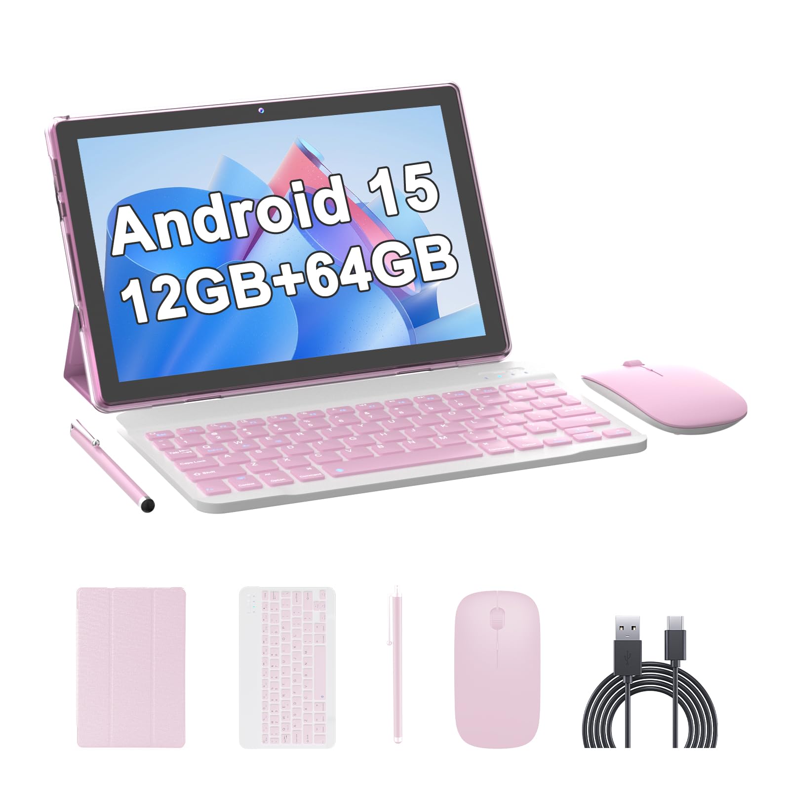 Photo 1 of 10 Inch Tablet Android 15 Tablets with Keyboard 64GB ROM+12GB RAM(4+8 expansion) Supports 1TB Expansion 2MP+8MP Dual Camera 6000mAh 5G WiFi-6 Tableta, 2 IN 1 Tablets with Mouse/Case/Stylus/ Keyboard