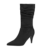 DREAM PAIRS Women's Black Suede High Heel Mid Calf