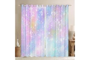 Feelyou Girls Glitter Darkening Dreapes Kawaii Galaxy Pastel Kids Curtains for Bedroom Rainbow Comter 30%-50% Blackout Curtains Colorful Glitter Outer Space Window Treatments (2 Panels, 42 x 63 Inch)