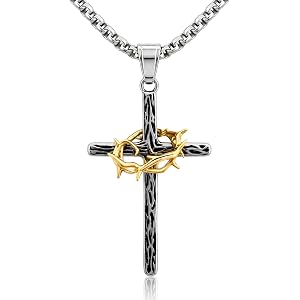 NORBU Men Cross Necklace Crown of Thorns, Black Gold Stainless Steel, 22" | Oxidized Black Cross Pendant, Gold Crown of Thorn