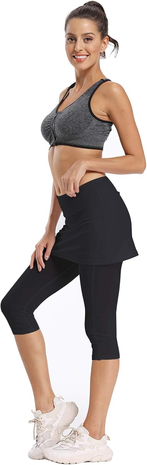 Ibeauti Womens UPF 50+ Skirted Capri Leggings Yoga Pants with Skirt Pockets for Tennis Running Workout Active: Clothing