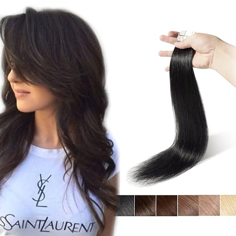 22 Inch Dark Black Tape In Human Hair Extensions Long Straight