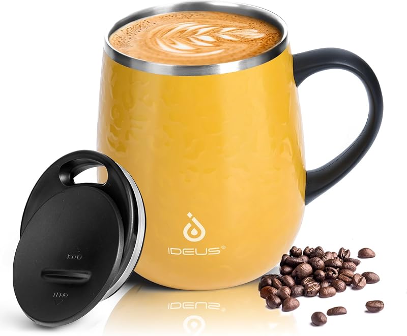 Ideus Coffee Mug 470ml Double Wall Vacuum Stainless Steel Leopard Yellow