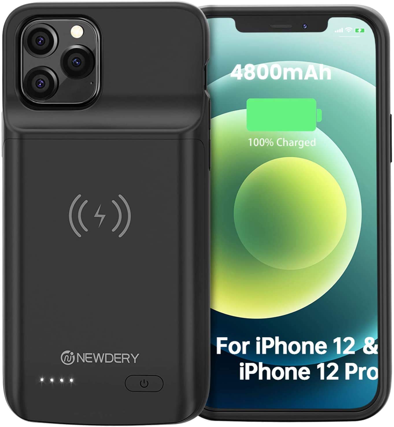 NEWDERY iPhone 12 & 12 Pro 4800mAh Portable Battery Pack Case - Wireless Charging - Black