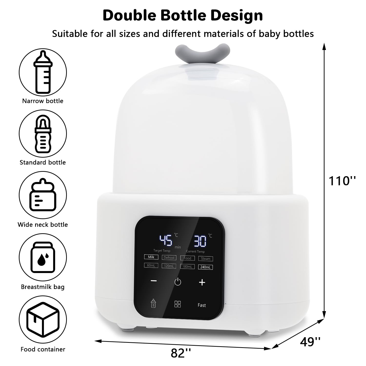 Double Bottle Warmer, 10-in-1 Fast Baby Bottle Warmer for Breastmilk and Formula, Fits 2 Bottles, Accurate Temp Control, Defrost, Sterili-zing, Heat Food, Milk Volume Choice, 48H Thermostat (White)