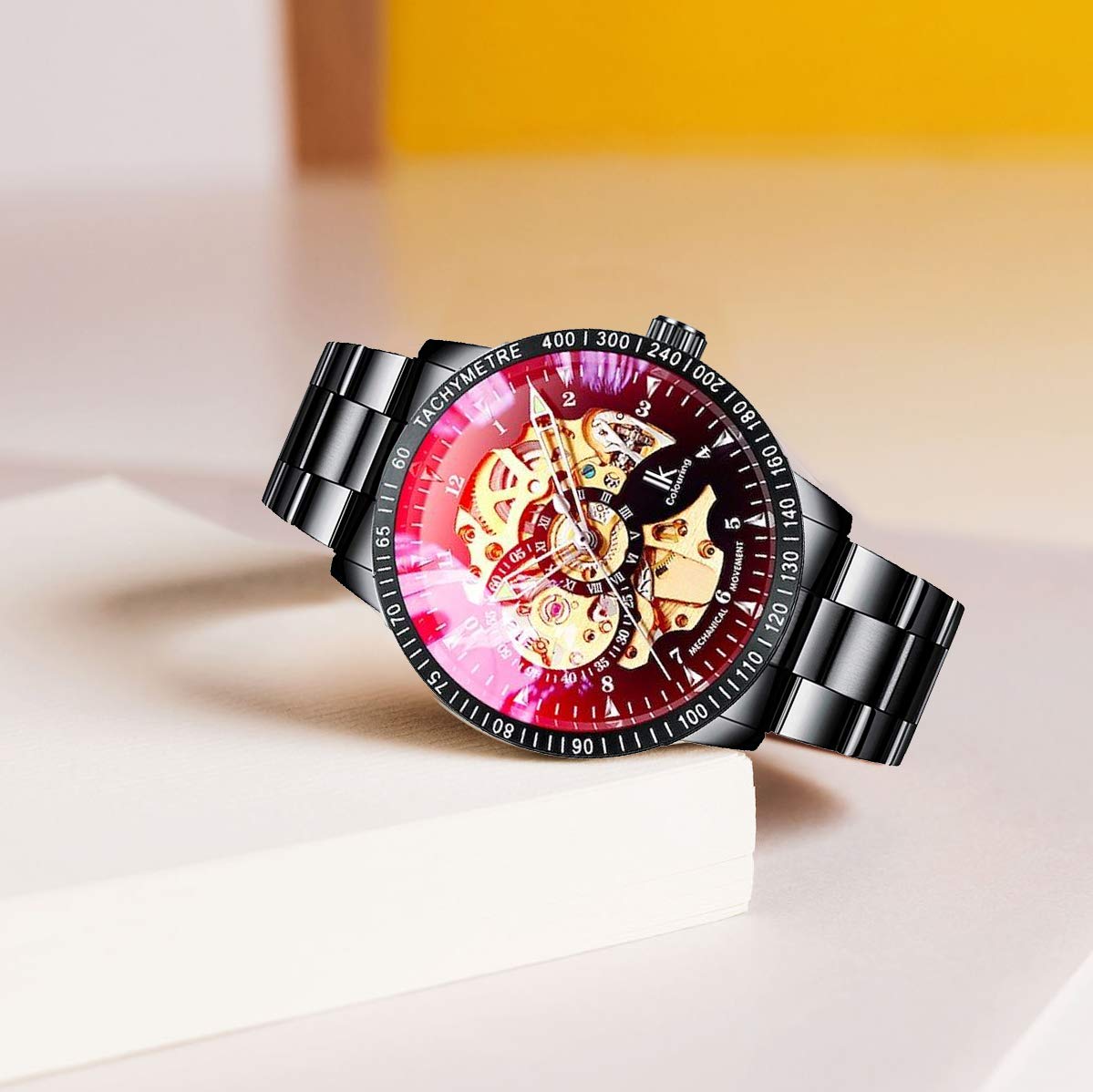 IK Men's Watch Skeleton Automatic Mechanical Wristwatch, Silver Golden Dial Tachymeter Black Stainless Steel Casual Steampunk Watch