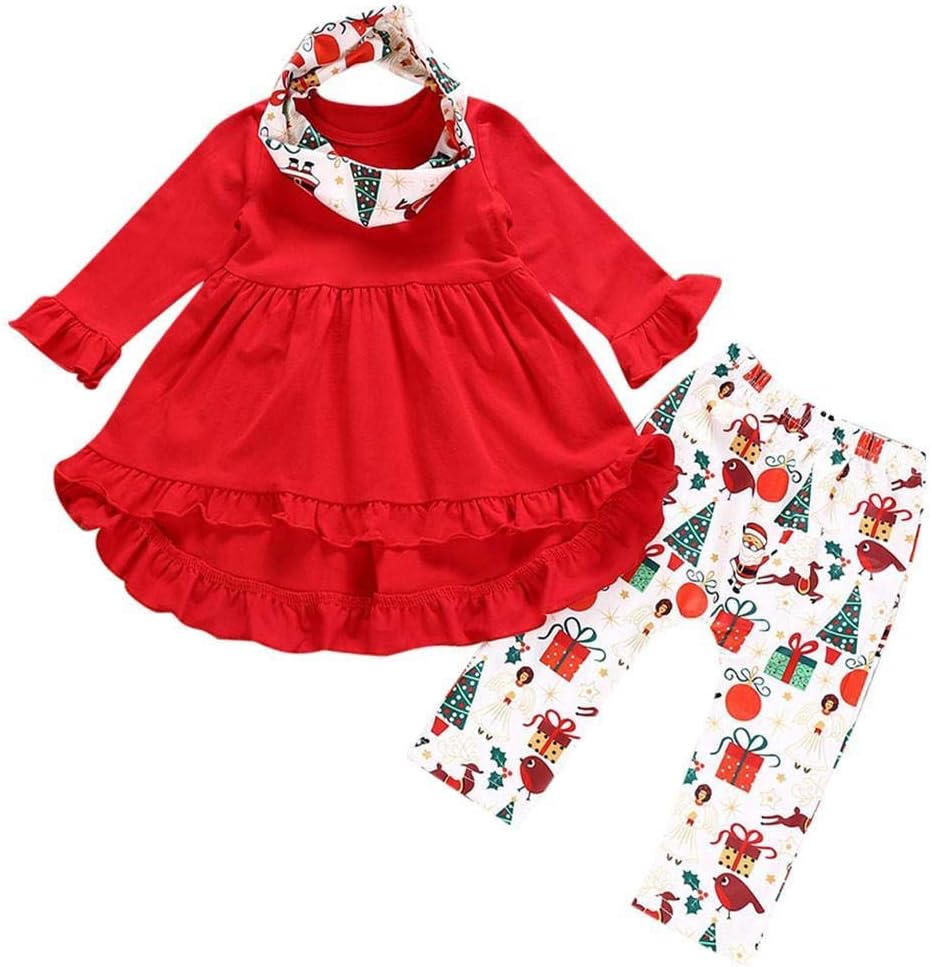 HGWXX7 3pcs Baby Girls Christmas Clothes Long Sleeve Dress Tops + Pants + Scarf Outfit Sets