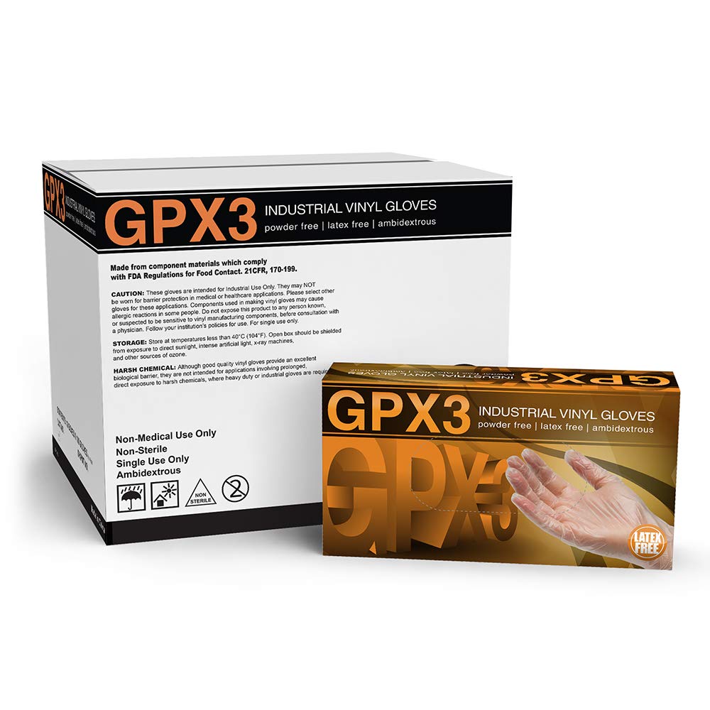 GPX3 Industrial Clear Vinyl Gloves 3 mil, Latex Free, Powder Free