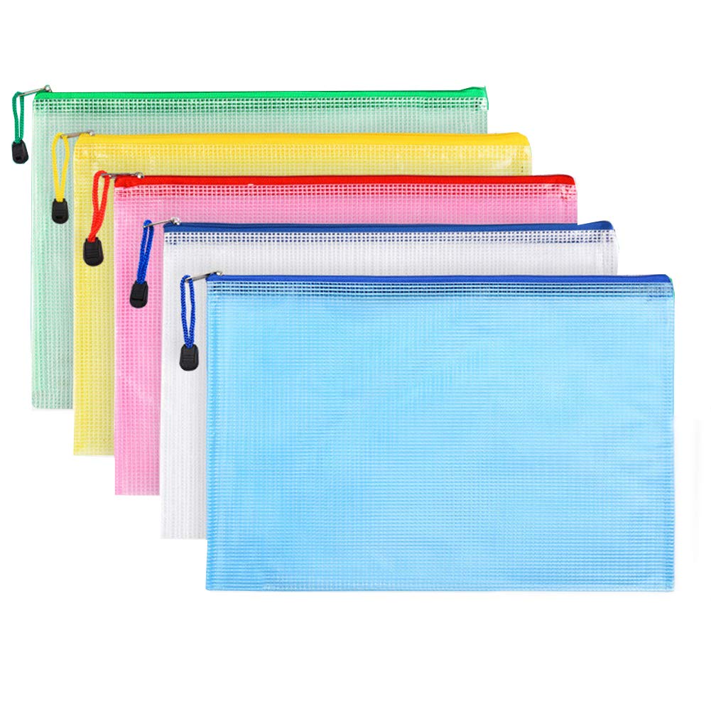 Zip File Folders, Pyhot 10pcs A4 Size Mesh Document File Bags Storage Pouch with Zipper for Cosmetics Offices Supplies Travel Accessories, 5 Colors