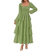 MEROKEETY Women's Summer Fall Long Sleeve Ruffle Tiered Dress 2025 Flowy Layered Square Neck Smocked Maxi Dresses