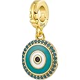 Bolenvi Evil Eye with Real Turquoise Stones Dangle Pendant Charm - Omni Clasp Clip on 925 Sterling Silver Charms Compatible with Pandora & Similar Bracelets, Necklaces & DIY Jewelry - Gold Plating