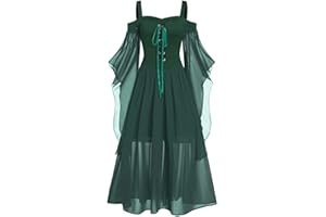 SHOPESSA Women Renaissance Dress Medieval Costume Batwing Sleeve Dress Plus Size Cold Shoulder Tulle Dress Empire Waist Dress
