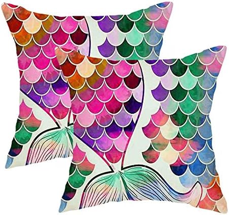 Foozoup Pack of 2 Cotton Linen Mermaids Decorative Throw Pillow Case Cushion Cover Home Decor for Couch Sofa Bed Chair 18 X 18 Inch