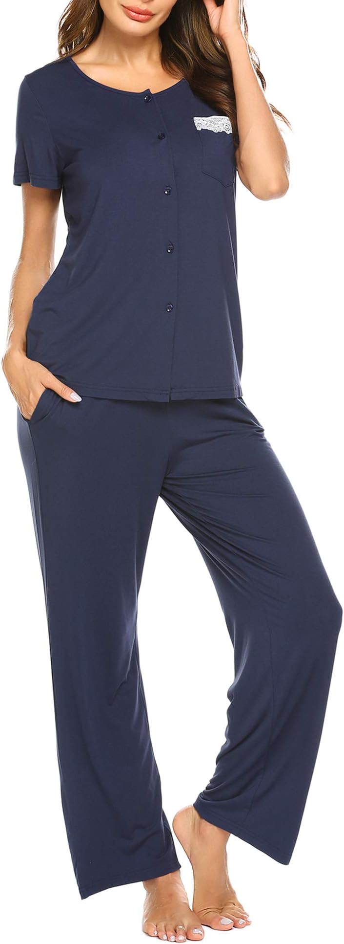 Womens Short Sleeve Button Down Shirt and Long Pajama Pants Sleepwear Set with Pockets (S-XXL)