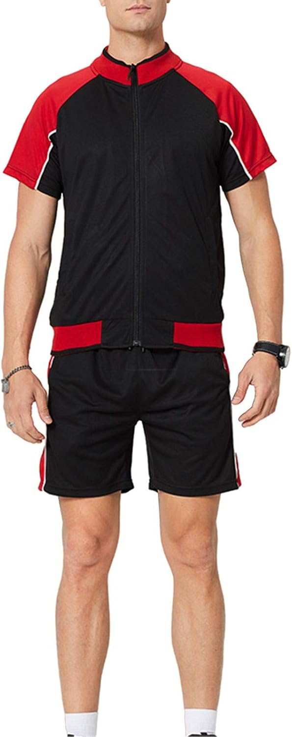 Men's Summer Casual 2 Piece Short Set Full Zipper Striped Short Sleeve TShirt and Shorts Sets