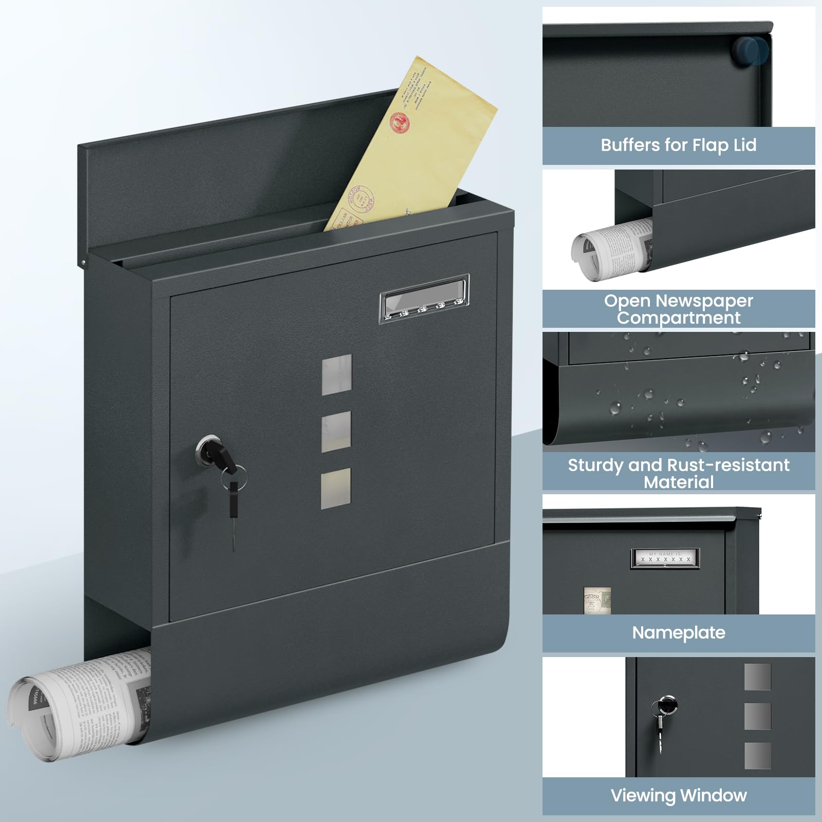 WOLTU Briefkasten Postkasten mit Zeitungsfach Sichtfenstern Namensschild, Wandbriefkasten abschließbar, mit 2 Schlüsseln, modern, Anthrazit, 30,5x33,5x9 cm 6