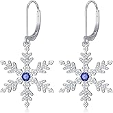 HPQQ 925 Sterling Silver Snowflake Earrings for Women White/Blue CZ Winter Snowflake Leverback Earrings Christmas Jewelry Gifts for Women