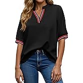 Tankaneo Womens Oversized T Shirt Casual V Neck Half Sleeve Color Block Work Tops Loose Fit Tunic Tees