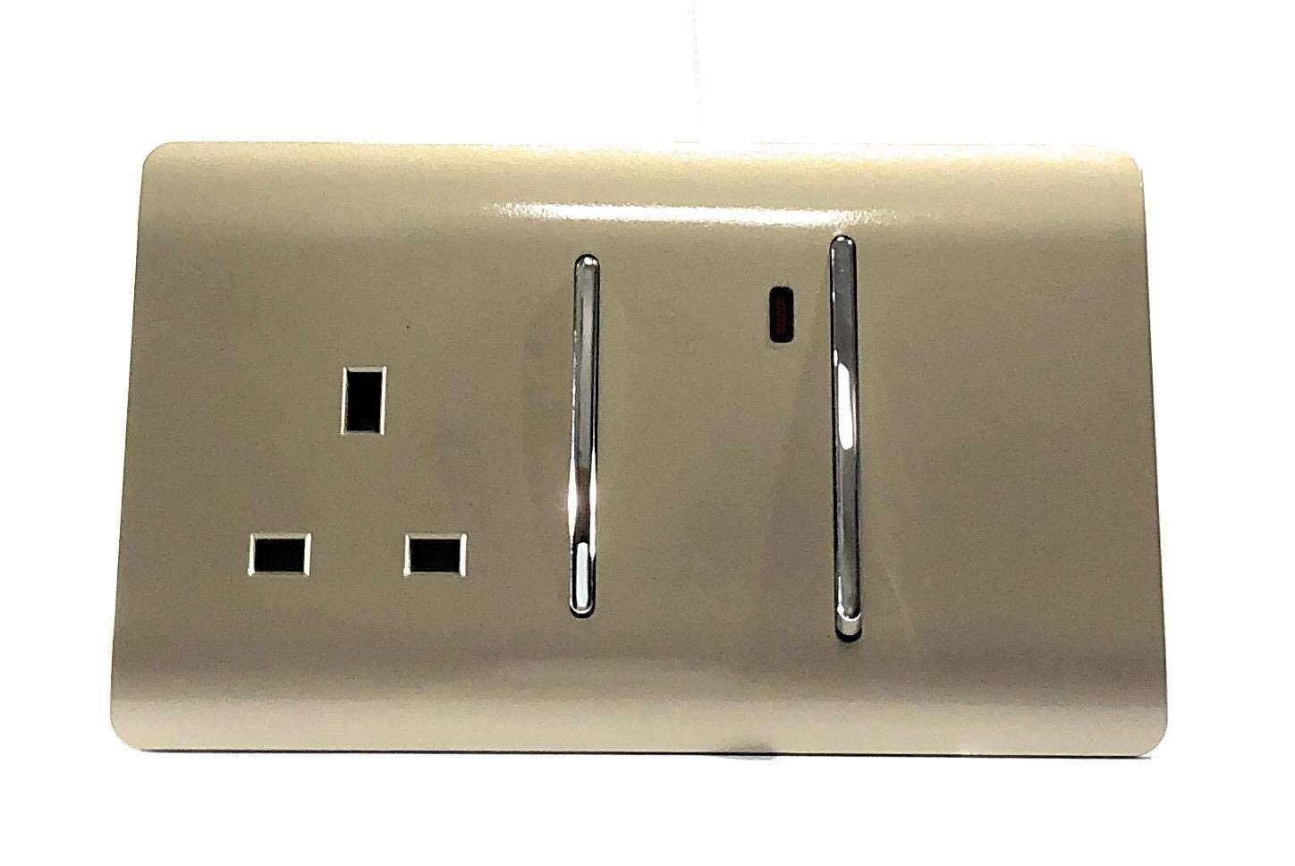 Trendi Switch Screwless Artistic Modern Decorative Glossy 45 A Cooker Switch Control Unit & Single Plug Socket Inc Neon Indicator for Indoor Use in Champagne Gold - ART-WHS213GO