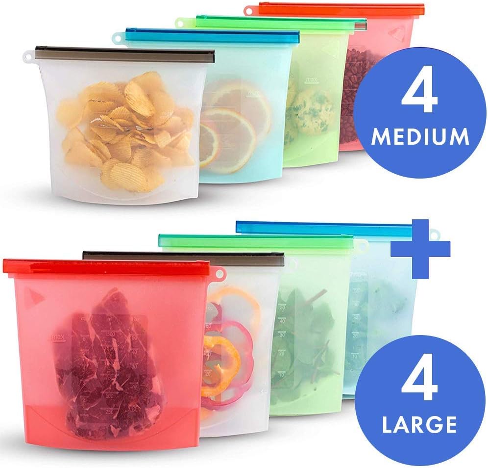 8 Pack Reusable Silicone Food Storage Bags,Wolife Airtight Seal Food Menstrual Cups/Food Grade/Versatile Preservation Bag Container for Vegetable,Liquid,Snack,Meat,Lunch,Fruit(4-Medium,4-Large)