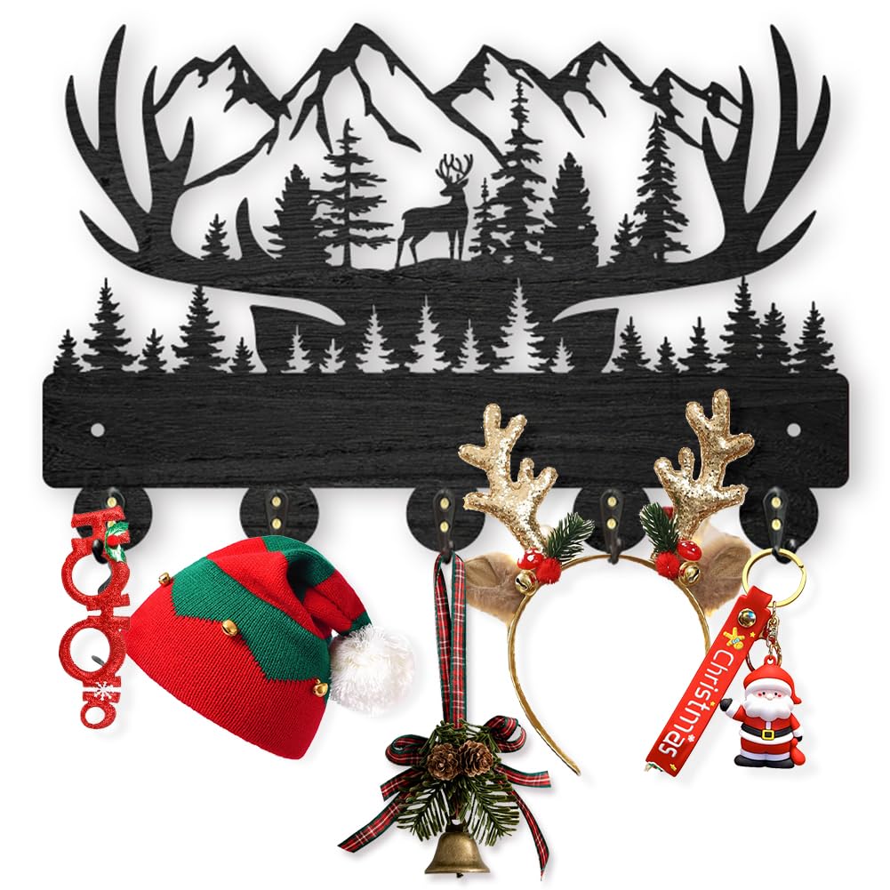 MAYJOYDIY Wall Key Holder, Forest Mountain Design, 30x20 cm, 5 Alloy Hooks, Black Wood Key Hanger Wall Art Decor Entryway Front Door Room Kitchen Office