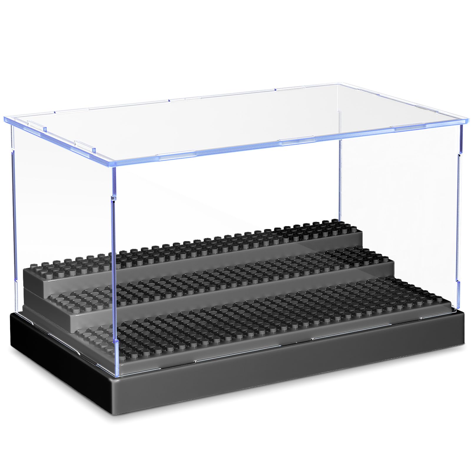 Photo 1 of KKU Display Case for Minifigure Action Figures Blocks, Acrylic Minifigure Display Case Box Storage with 3 Movable Steps Gift for Kids Adults (Black, 1 Pack)