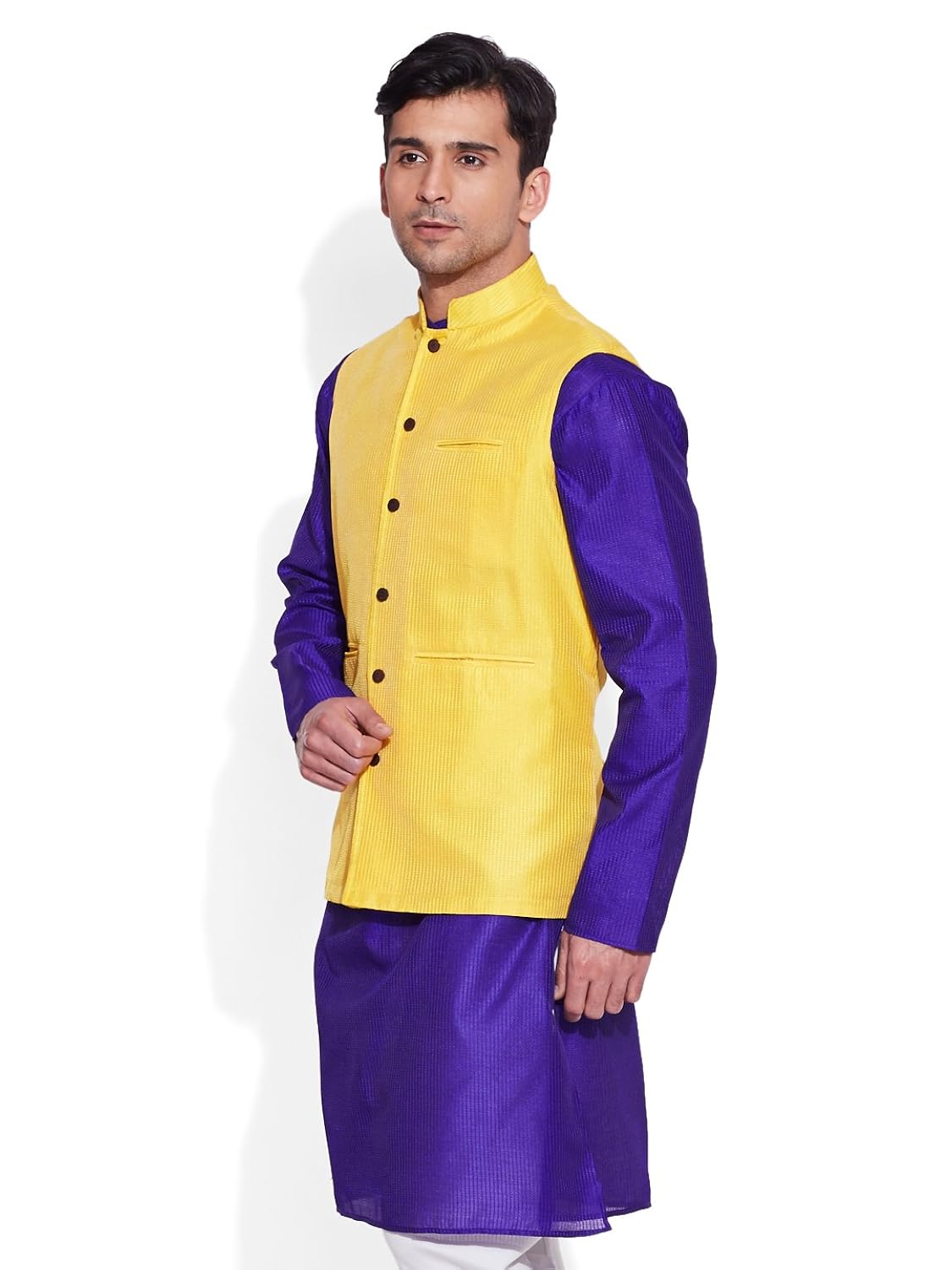 very me men's designer lemon faux silk textured nehru jacket